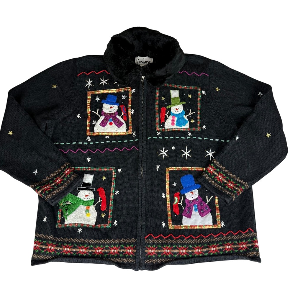 Ambra Black Snowman Christmas Sweater Cardigan Faux Fur Collar‎ Size 1X